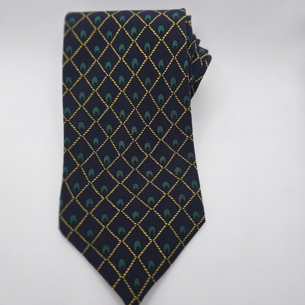 100% SETA Elegant Navy and Gold Patterned Silk Tie